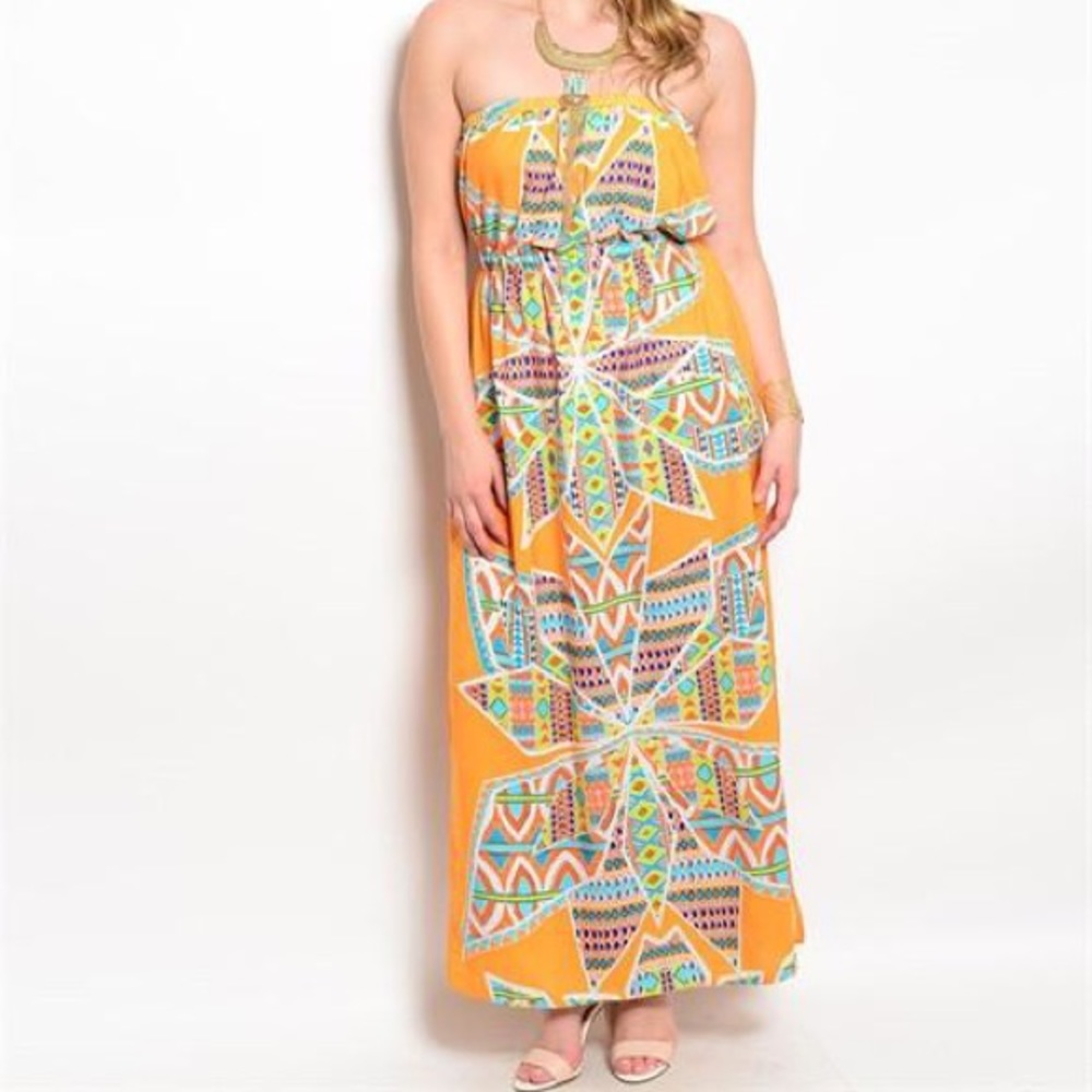 Plus Size Orange Tribal Geo Print Strapless Maxi - Picture 2 of 7